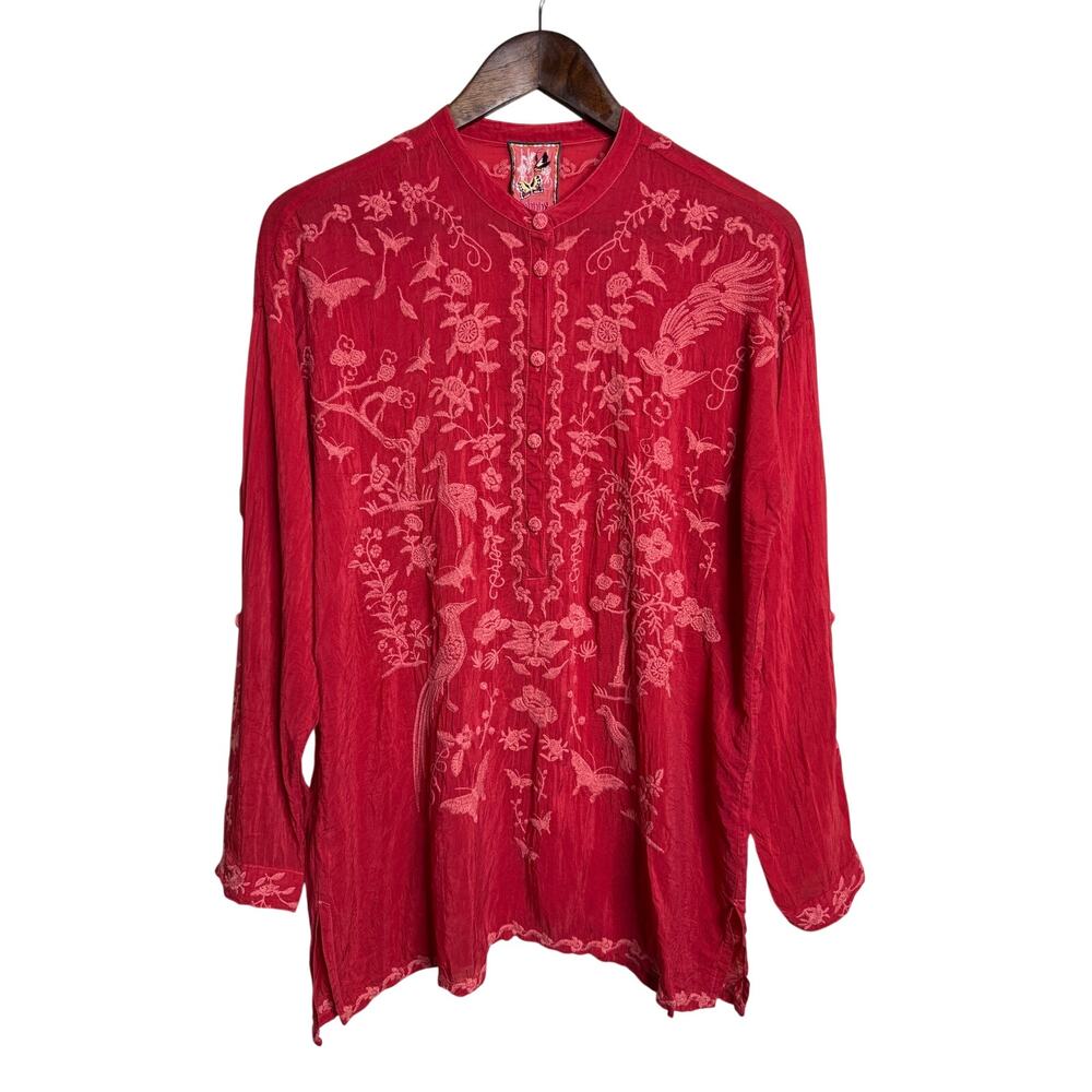 Johnny Was Bird Floral Embroidered Tunic Blouse size XS Relaxed Red Chinoiserie